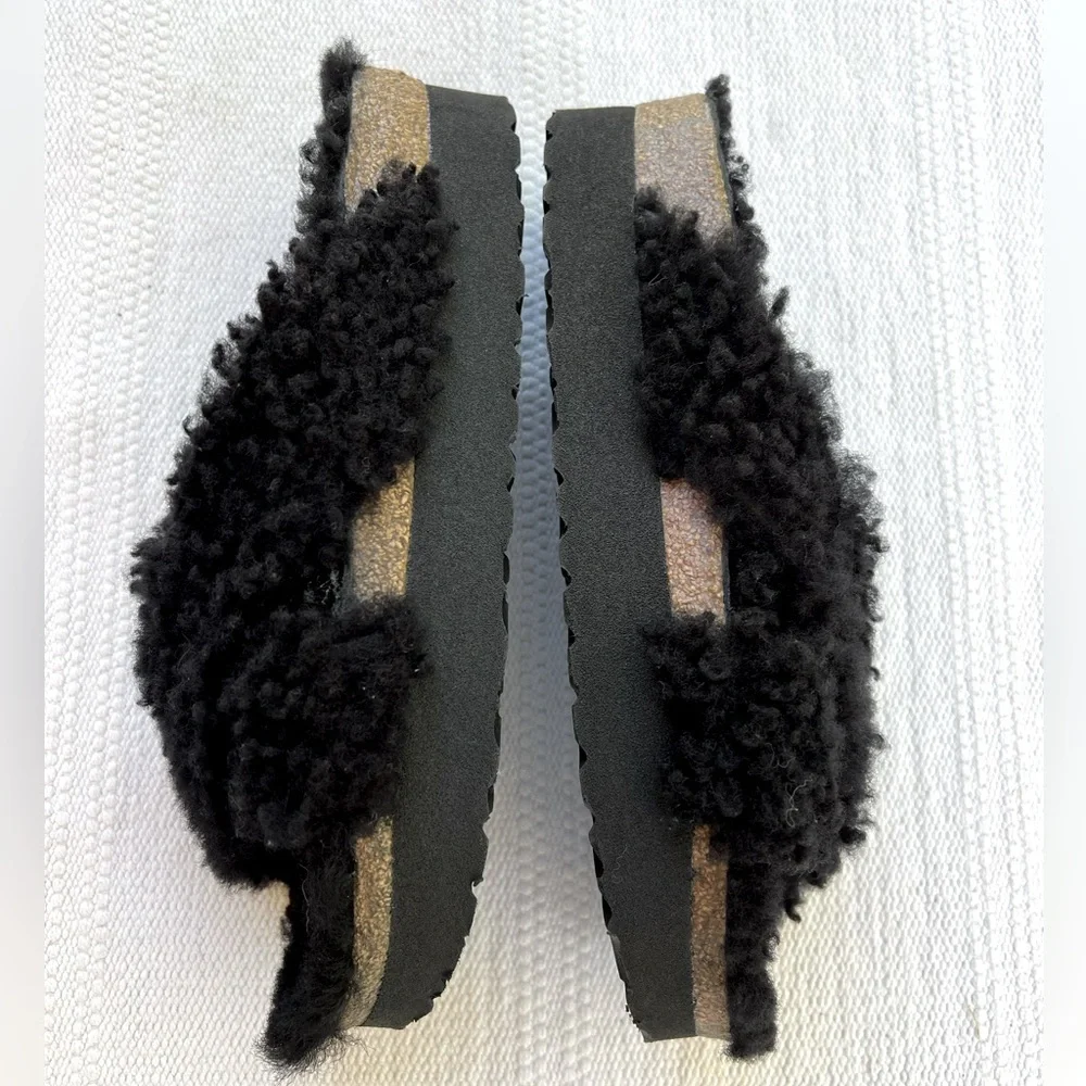New Papillio by Birkenstock Sherling Slide Platform Sandals Black 39/8